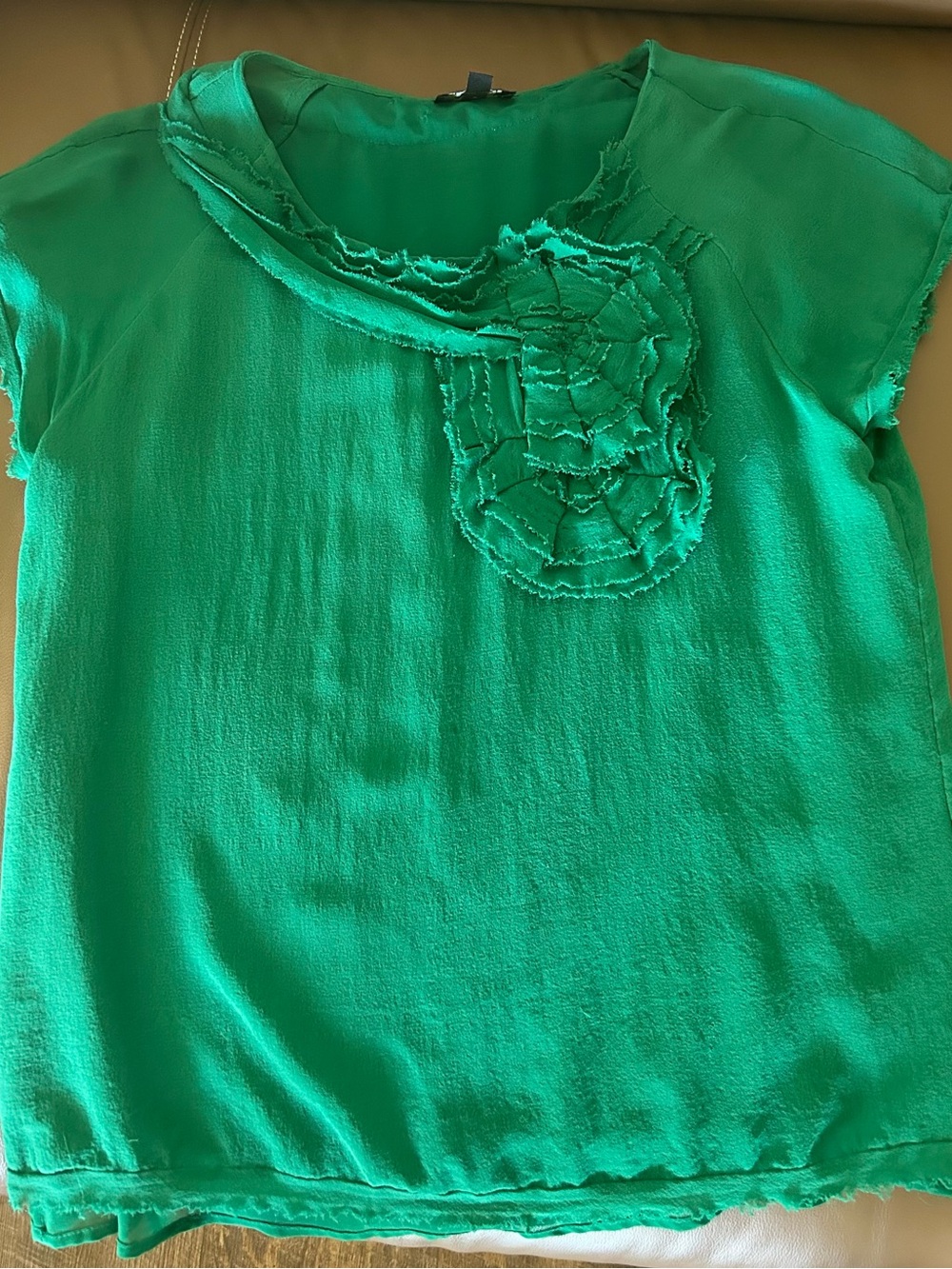 Silk Talbots Emerald Green Short-Sleeve Ruffle Front Blouse